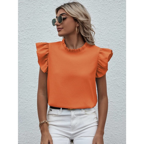 🌟 Mock Neck Lettuce Trim Ruffle short sleeve Blouse black - Picture 10 of 11